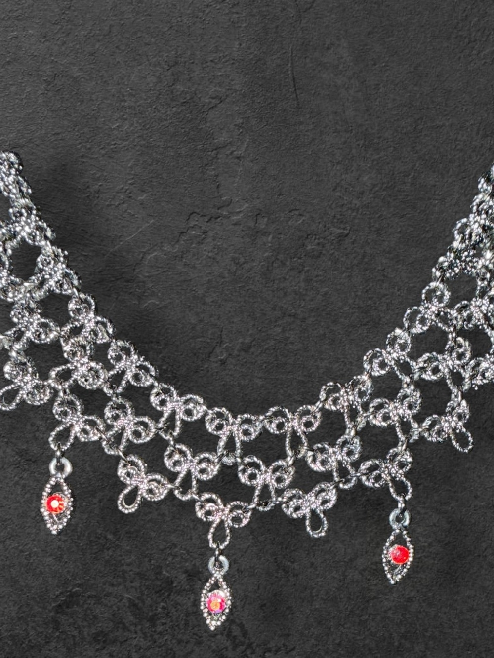 Gunmetal Lace Necklace with Ruby Red Crystal Dangles| Gothic Victorian 16”w/Ext